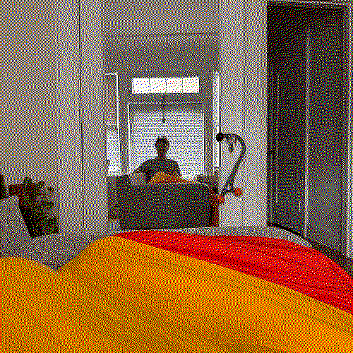 mirror selfie in orange and yellow sleeping bag